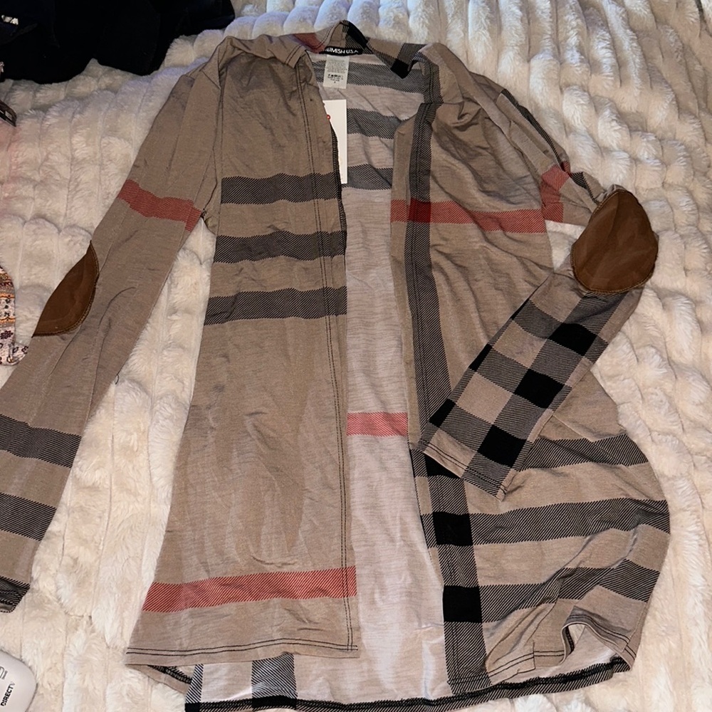 Long sleeve plaid, open cardigan with patch elbows